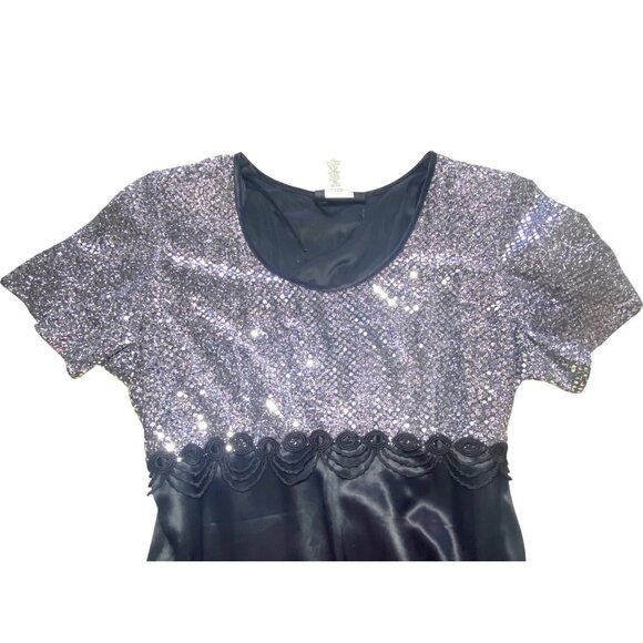 Black Maxi Dress Silver Sequin Bodice Short Sleeves Scoop Neck Y2K Glam Holiday - Picture 1 of 9